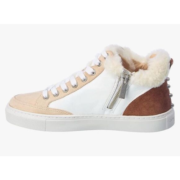 J/Slides Leslie Sheep‎ Hair Trimmed Leather Sneaker Shoes Size 6 Tan White - Picture 3 of 11